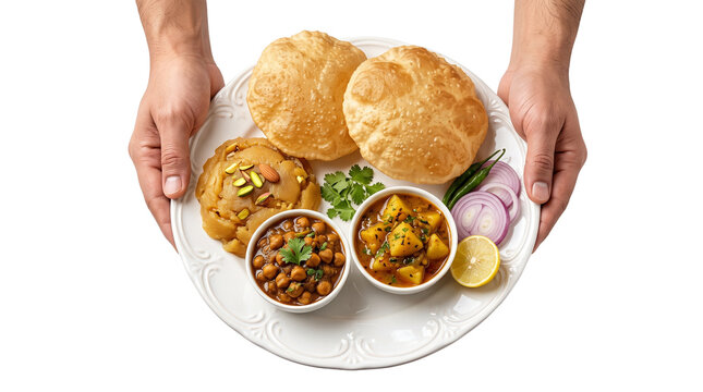 Traditional Indian Halwa Puri breakfast platter, hands holding plate with Chole Masala and Aloo Bhaji, authentic South Asian cuisine isolated PNG with Transparent Background