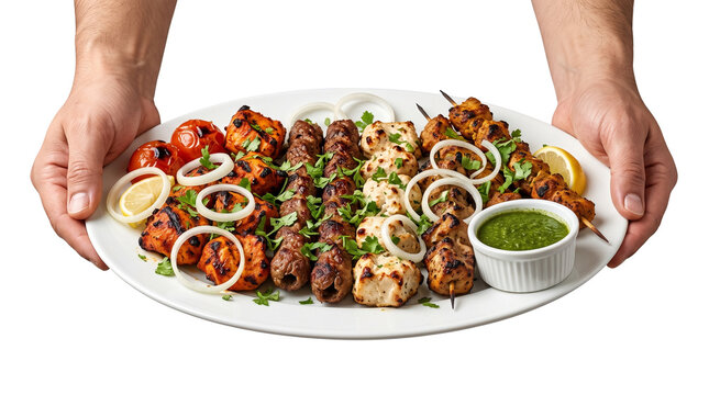 Assorted grilled kebab platter held by hands, traditional mixed meat skewers with chutney, middle eastern barbecue plate with chicken and beef isolated PNG with Transparent Background