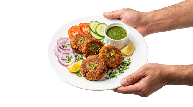 Traditional Indian Shami Kabab platter, hands holding plate of fried meat kebabs with green chutney, spicy pakistani appetizers with fresh salad isolated PNG with Transparent Background