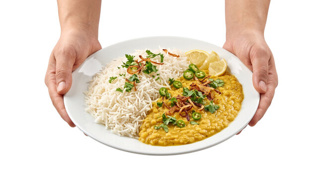 Traditional Indian dal chawal with basmati rice, hands holding a plate of yellow lentil curry, authentic pakistani food with herbs and lemon isolated PNG with Transparent Background