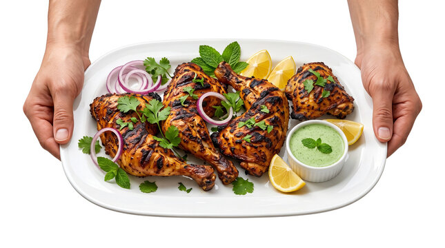 Grilled tandoori chicken platter, roasted chicken legs with lemon and mint chutney, hands holding a plate of spicy barbecue chicken isolated PNG with Transparent Background