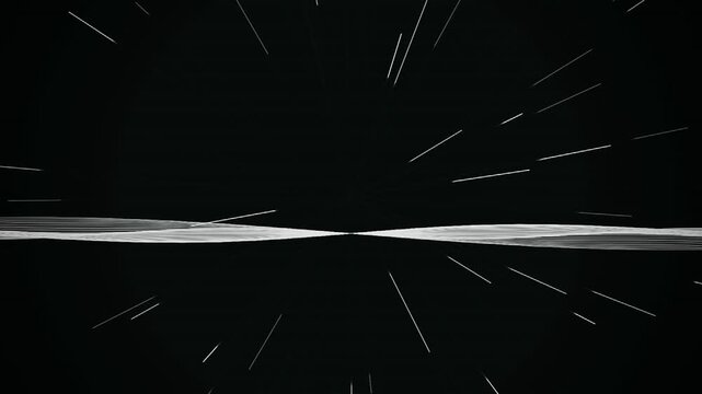 Abstract animation of white geometric lines radiating from a central point in a hyperspace motion style against a black background.