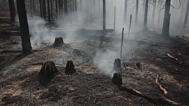 Overhead cinematic view of wildfire smoke haze lingering over a charred and burned woodland forest floor