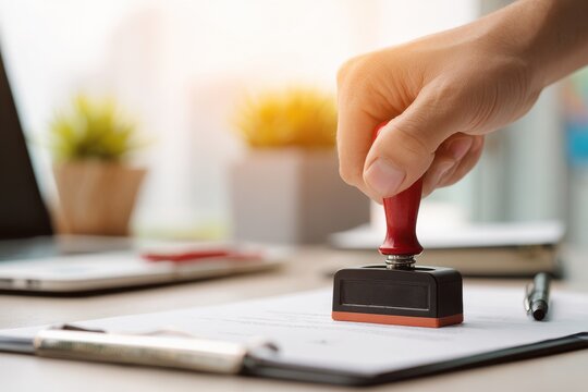 Hand stamping document on clipboard in office. Business approval and legal certification concept.