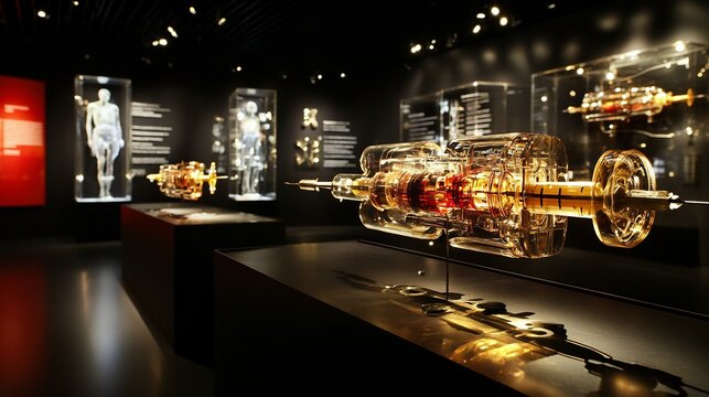 Complex vintage glass and metal medical apparatus with amber liquid displayed in a dark museum with anatomical models