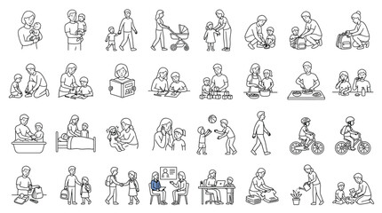 Obraz premium Set of parenting and childhood activities, parents taking care of children, family daily routine, education, playing, and household chores, line art illustration