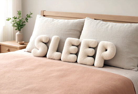 Cozy bedroom setting with soft pillows spelling sleep on a neatly made bed and plant decor