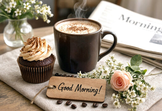 Delicious morning coffee with a cupcake and flowers on a table with good morning tag