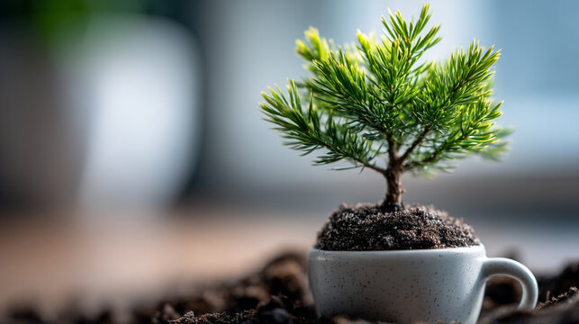 Small green pine seedling growing in a white ceramic mug filled with soil