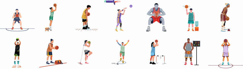 Collection of diverse male and female basketball player vector illustrations in various poses, including shooting, dribbling, and celebrating, isolated on a white background. © Telu