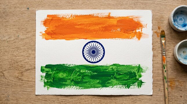 Handpainted indian flag on textured paper with paintbrush and paint cups