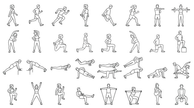 Set of fitness and workout exercises, people doing sports, gym training, stretching, cardio, yoga, strength training, healthy lifestyle, vector illustration