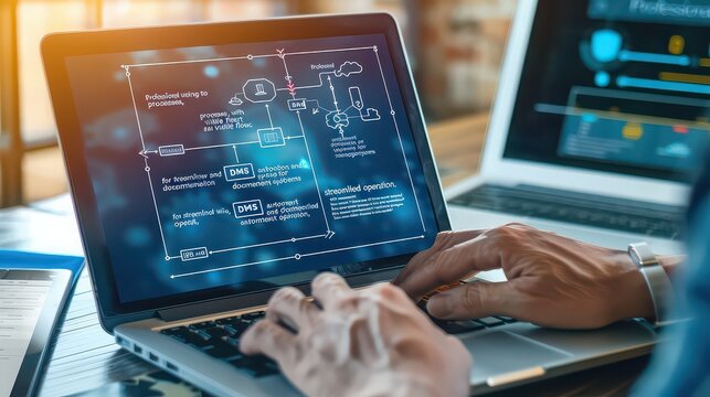 Programmer types code on a modern laptop screen displaying a complex digital flowchart with various interconnected nodes and system architecture diagrams for software development project planning.