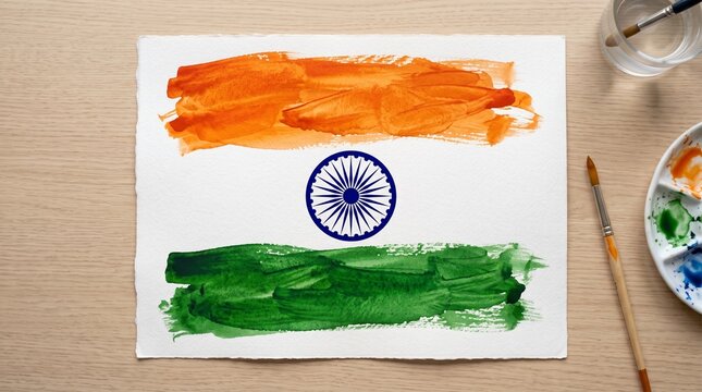 Watercolor painting of indian flag with palette and brush