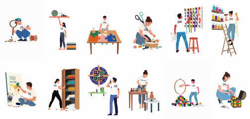 Fototapeta premium Diverse team of creative individuals engaged in various handmade crafts, artistic hobbies, and organizational tasks in a collection of flat illustrations.