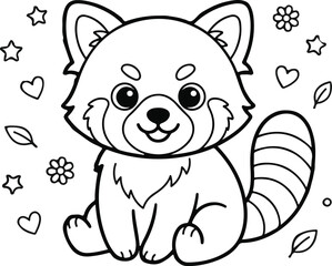 Fototapeta premium Cute red panda with fluffy chest, flowers, hearts, and stars