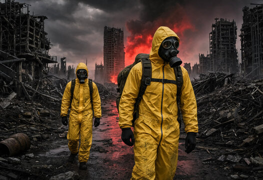 Two figures in yellow hazmat suits walk through rubble