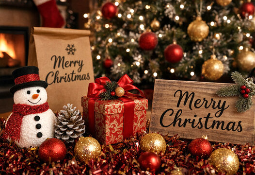 Festive christmas scene with decorated tree snowman gift and holiday greetings for seasonal cheer