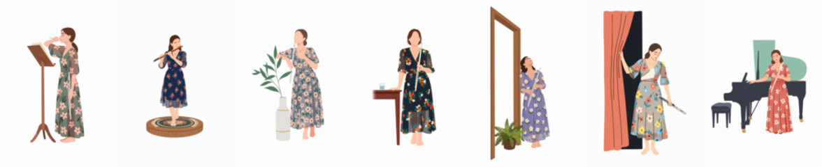 Vector illustration set featuring a woman in floral dresses playing the flute in various domestic and performance settings, flat minimalist style. © Telu