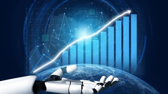 A robotic hand reaches out over a digital globe, showcasing an upward trend in graphs, representing the intersection of technology and economic growth in today world. Copula