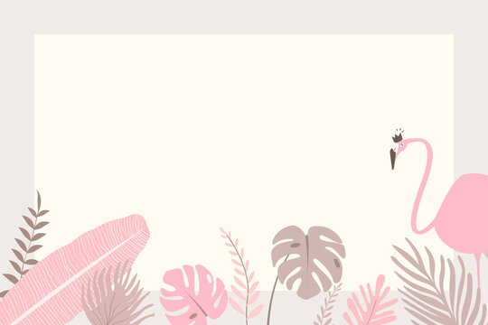 Tropical botanical flamingo frame background, beige design