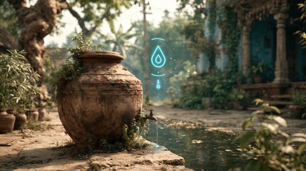 Obraz premium Ancient clay water jug emitting liquid in lush courtyard setting with ethereal water symbol