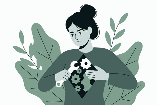 Young woman using wrench to fix mechanical gears inside her chest chest symbolizing self healing and mental health.