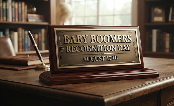 Executive wooden desk nameplate honoring National Baby Boomers Recognition Day on August 17th