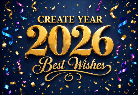 Golden glittery happy new year two thousand twenty six greeting card with confetti and ribbons