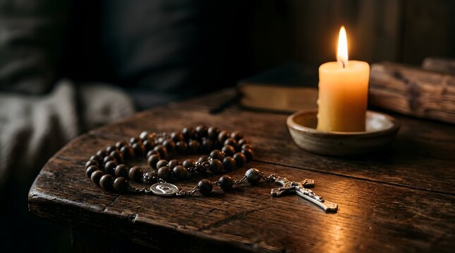 Wooden rosary beads and lit candle on a rustic table