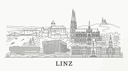 Fototapeta premium Linz Skyline Outline Drawing: Iconic Landmarks and Architecture in Austria