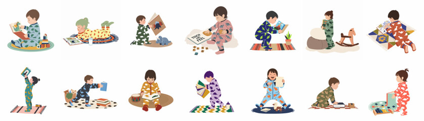 Collection of children in dinosaur pajamas reading books and playing with toys in flat vector style on white background.
