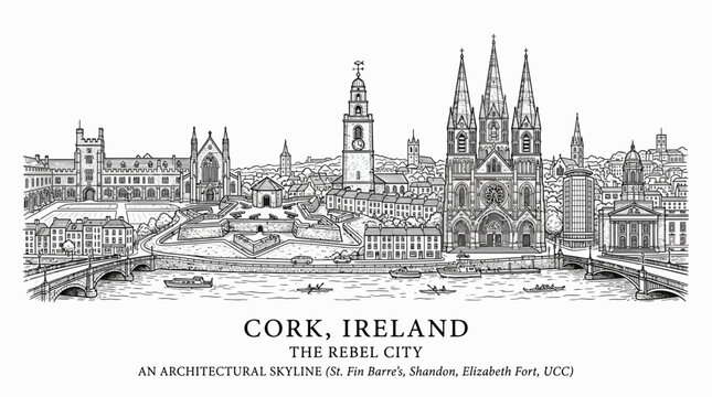 Cork Ireland Architectural Skyline Drawing - St. Fin Barre's Cathedral, UCC