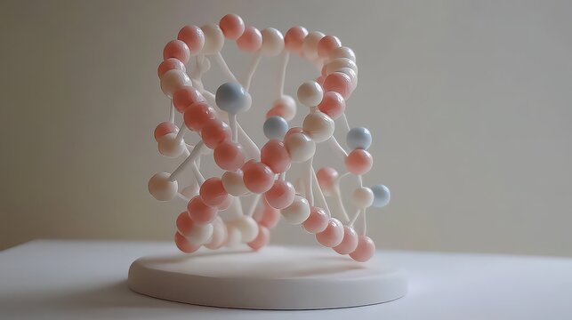 DNA double helix model constructed from pink, white, and blue spheres rests on a white circular base to represent genetic sequences.