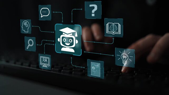 Digital Education Concept Featuring Friendly Robot with Graduation Cap Surrounded by Learning Icons on a Dark Background. Entropy.