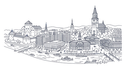 Obraz premium Panoramic Cityscape Illustration: Historic Castle, Modern Buildings, and River
