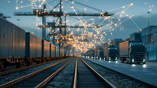 Enterprise blockchain logistics network visualized across intermodal cargo hub, smart cranes, freight rail, electric trucks and container shipping connected through luminous supply chain intelligence
