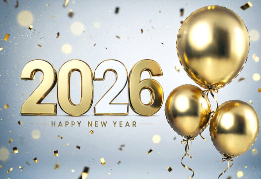 Golden shiny new year 2026 celebration with balloons and confetti sparkling around elegant numbers
