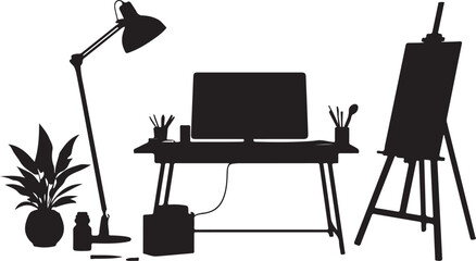 Fototapeta premium Silhouette of an artist workspace with a desk, computer monitor, floor lamp