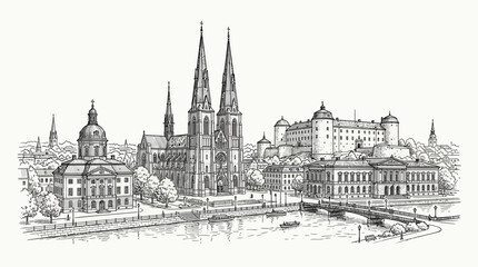 Fototapeta premium Historic European City Skyline with Cathedral and Castle - Detailed Architectural Sketch