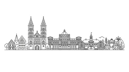 Fototapeta premium Minimalist Cityscape Outline Drawing: Historic Buildings and Skyline Illustration