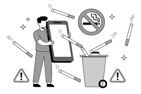 Man throwing away giant cigarettes into a bin as he decides to quit smoking for a healthier, smoke-free lifestyle.
