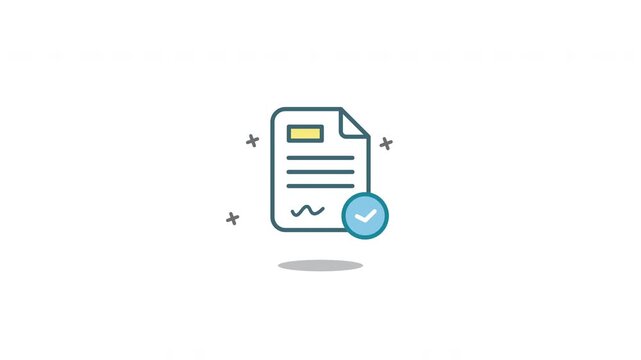 Looping Contract Icon Animation. Flat minimalist design of business document with approval check mark, isolated on white background