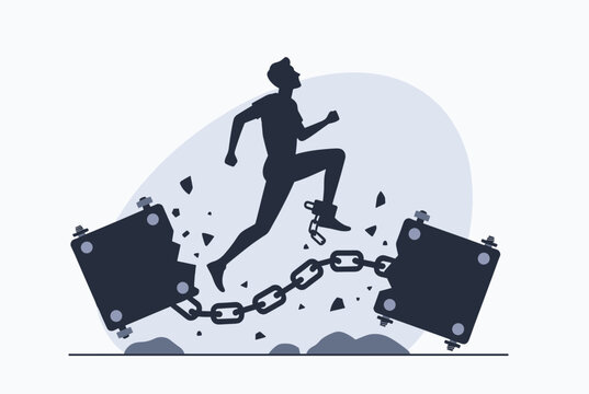 Athletic man running and breaking free from heavy chains and weights, representing liberation and personal growth.