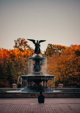 New York, United States - 22 July 2026: Aerial view of Bethesda Terrace Fountain in Central Park, featuring the Angel of the Waters sculpture, autumn trees, and a person sitting on the ground.