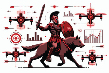 Fototapeta premium Ancient spartan warrior riding a giant wolf in a futuristic battlefield surrounded by military combat drones.