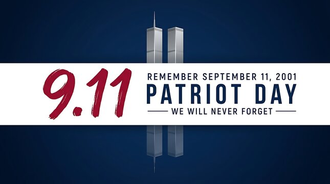 Patriot day memorial event remembering 9 11 we will never forget with twin towers and date text banner over dark background.