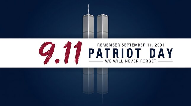 Patriot day memorial event remembering 9 11 we will never forget with twin towers and date text banner over dark background.