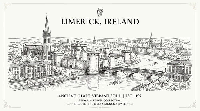 Limerick, Ireland Cityscape with King John's Castle and River Shannon