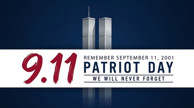 Patriot day memorial event remembering 9 11 we will never forget with twin towers and date text banner over dark background.
